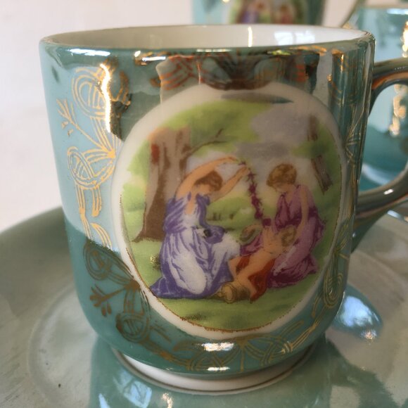 Vintage Victorian Couple Iridescent Porcelain Tea Set Luster Japan Blue Teapot - Picture 7 of 16